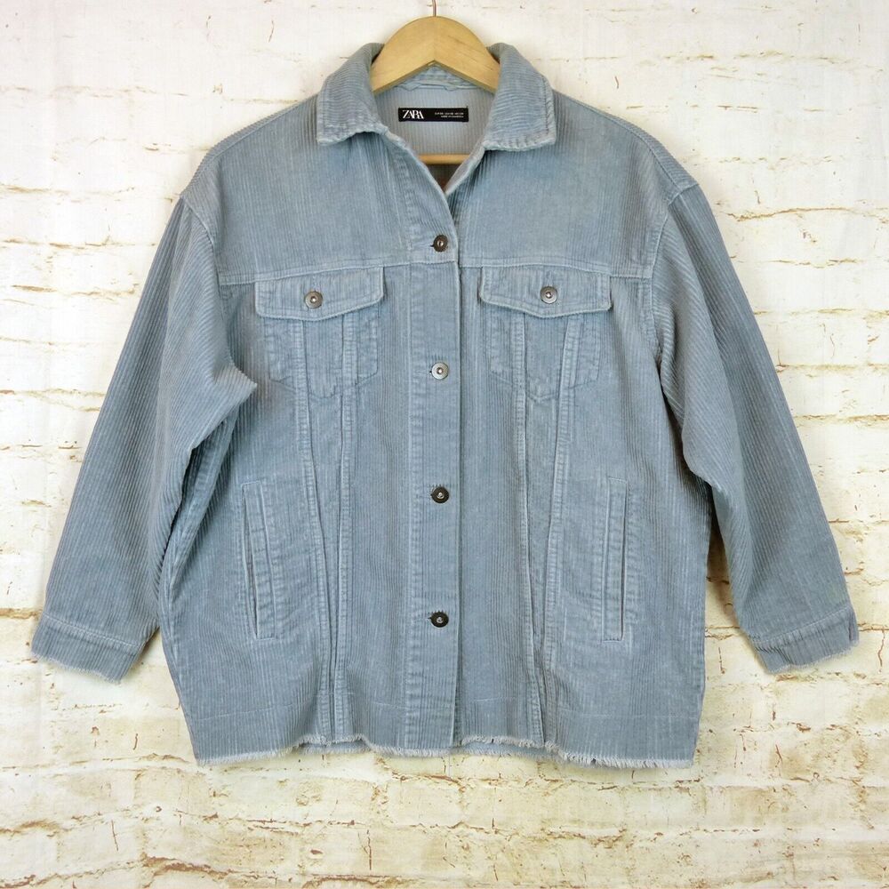 Zara Oversized Corduroy Trucker Jacket Womens XS Baby Blue Raw Hem Gorpcore 90s - Picture 5 of 14